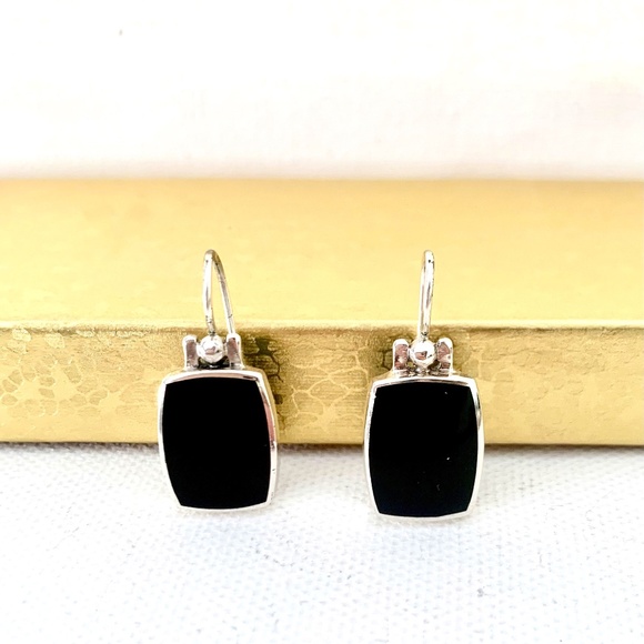 Vintage Sterling Silver and Onyx Rectangular Dangle Drop Earrings - Picture 1 of 5